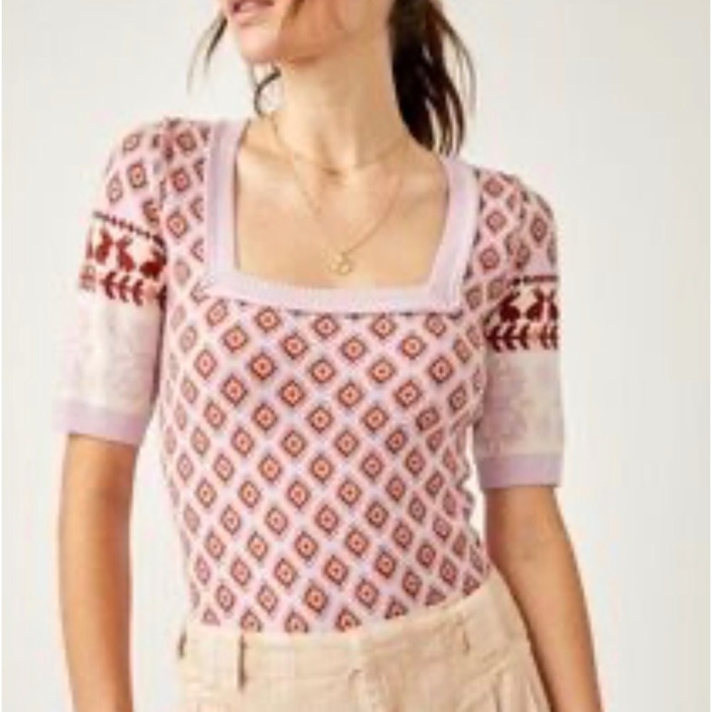 Free People Snow Bunnies Square Neck Bodysuit Pink Fair Isle Sweater XS - Picture 1 of 10